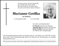 Traueranzeige Marianne Greßka