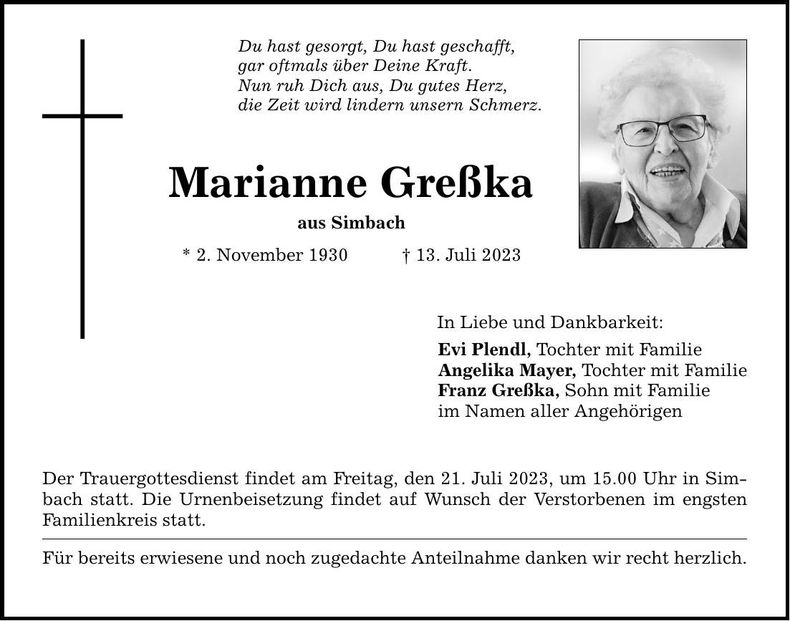 Traueranzeige Marianne Greßka