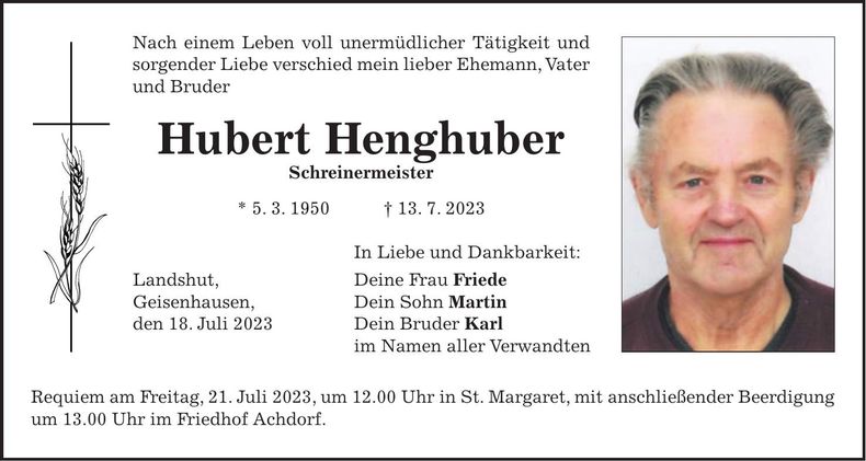 Traueranzeige Hubert Henghuber
