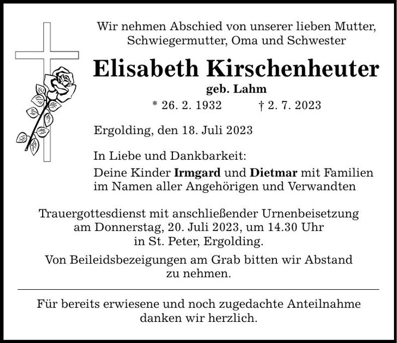 Traueranzeige Elisabeth Kirschenheuter