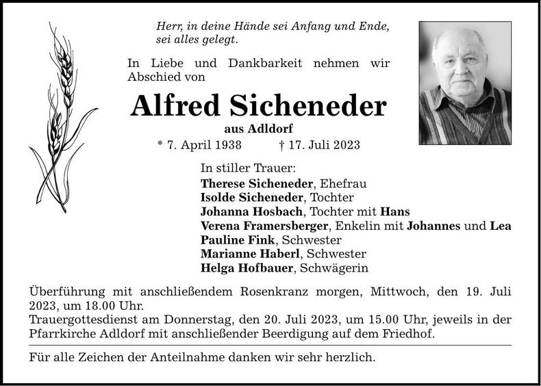 Traueranzeige Alfred Sicheneder