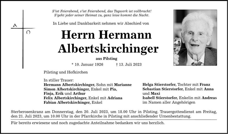 Traueranzeige Hermann Albertskirchinger