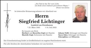 Traueranzeige Siegfried Lichtinger