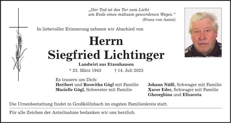 Traueranzeige Siegfried Lichtinger