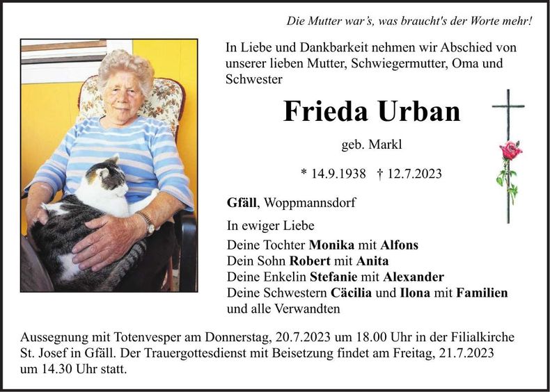 Traueranzeige Frieda Urban