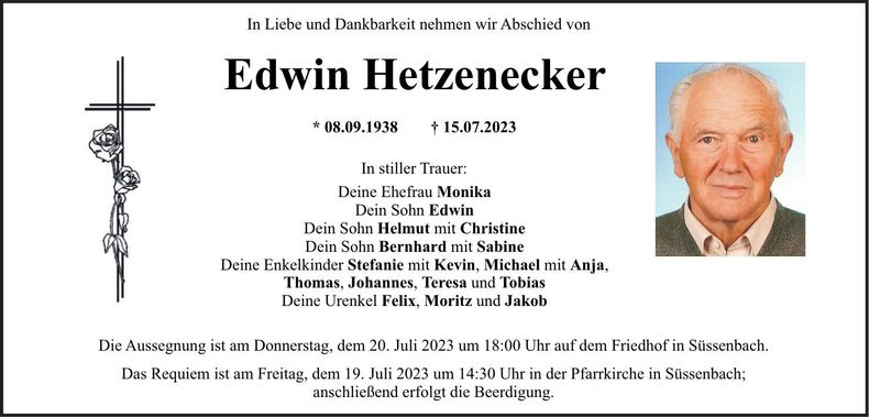 Traueranzeige Edwin Hetzenecker