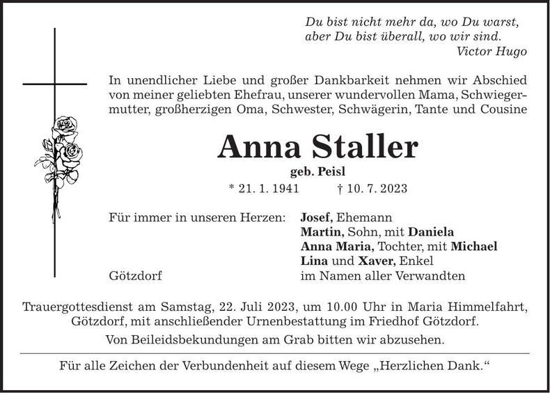 Traueranzeige Anna Staller
