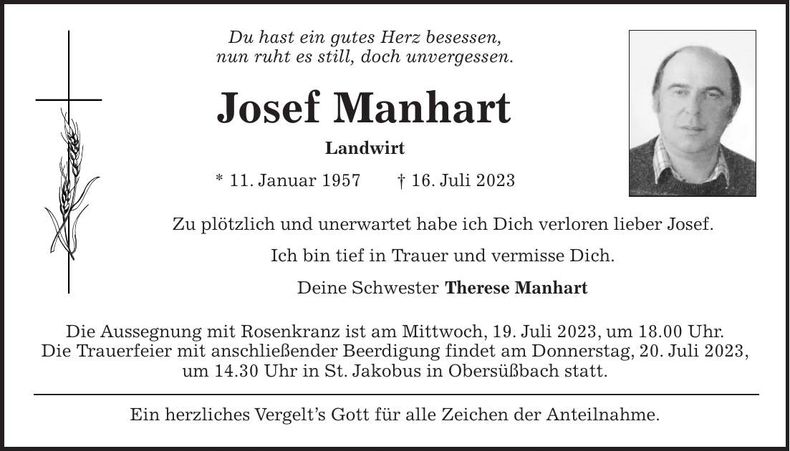 Traueranzeige Josef Manhart