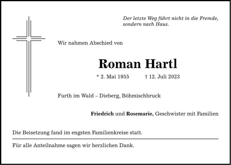 Traueranzeige Roman Hartl