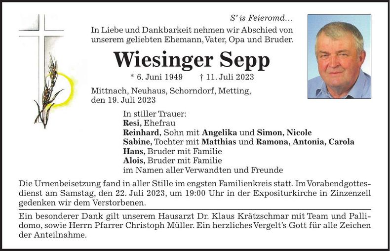 Traueranzeige Sepp Wiesinger