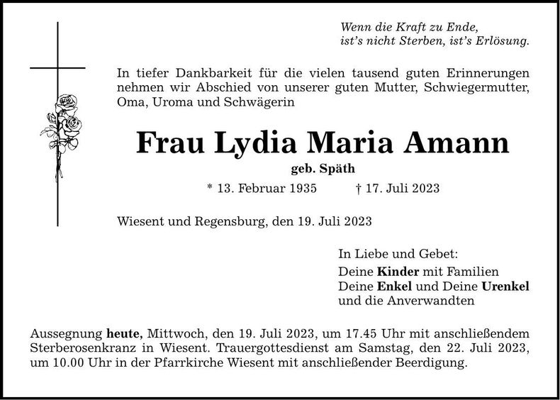 Traueranzeige Lydia Amann