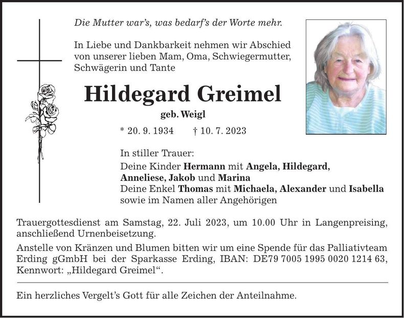 Traueranzeige Hildegard Greimel