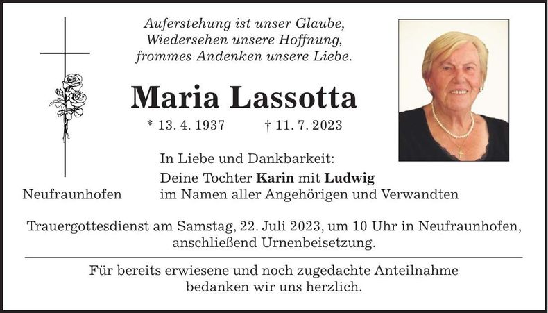 Traueranzeige Maria Lassotta