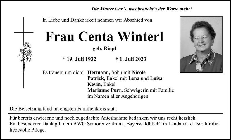 Traueranzeige Centa Winterl
