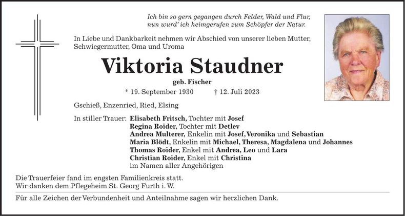 Traueranzeige Viktoria Staudner