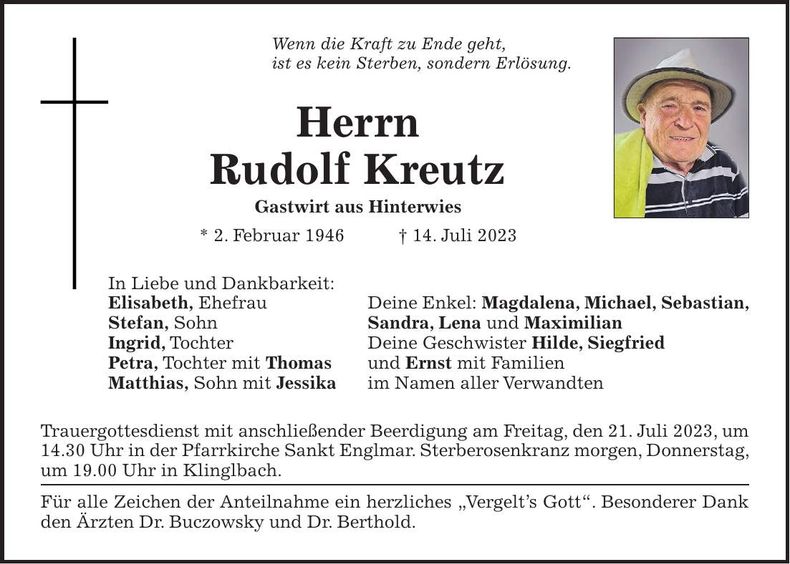 Traueranzeige Rudolf Kreutz