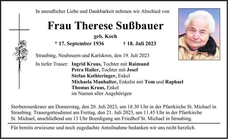 Traueranzeige Therese Sußbauer