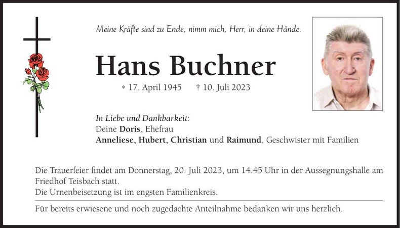Traueranzeige Hans Buchner