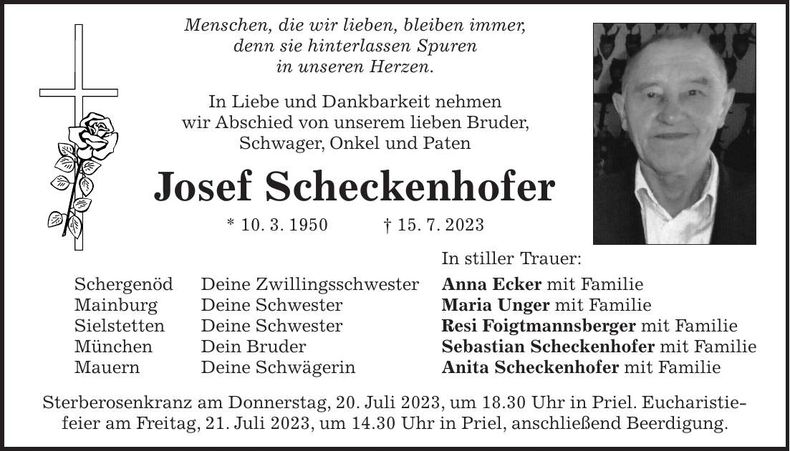 Traueranzeige Josef Scheckenhofer