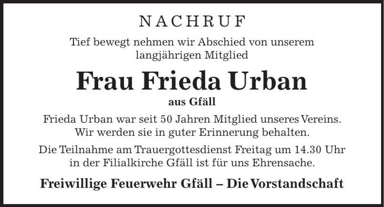 Traueranzeige Frieda Urban