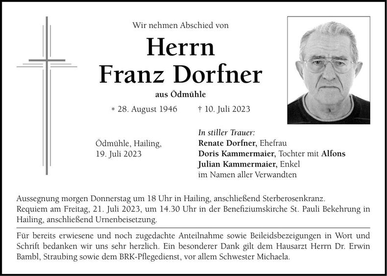 Traueranzeige Franz Dorfner