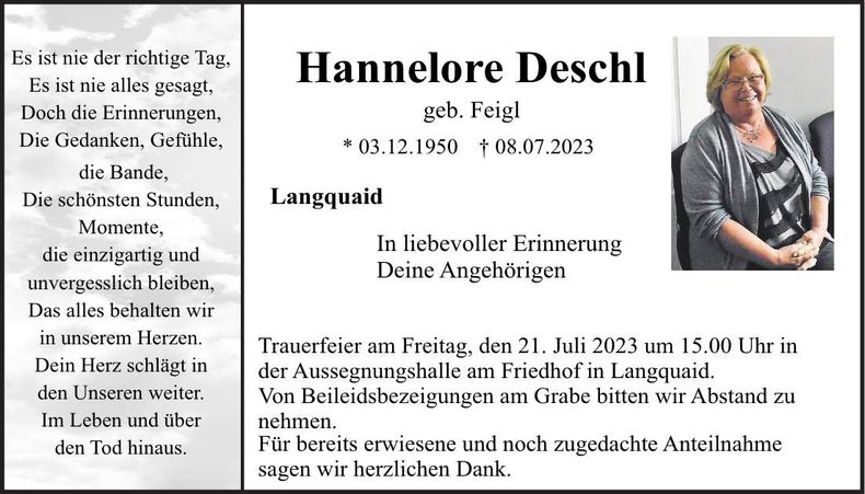 Traueranzeige Hannelore Deschl