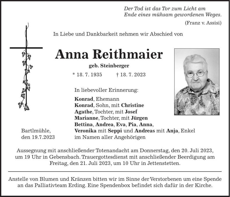 Traueranzeige Anna Reithmaier