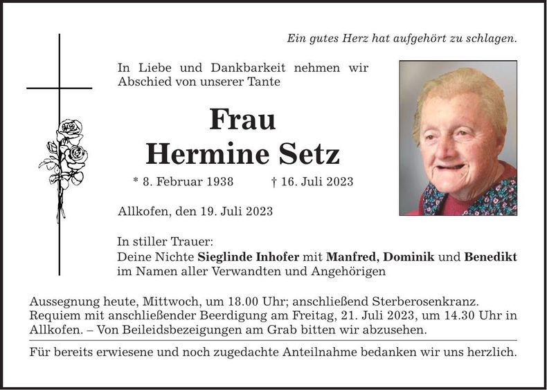 Traueranzeige Hermine Setz