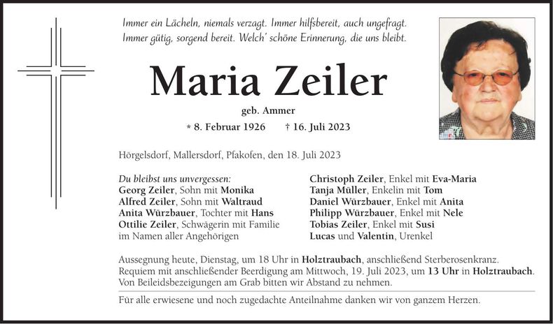 Traueranzeige Maria Zeiler