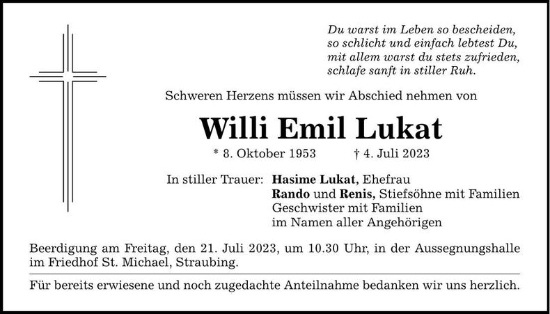 Traueranzeige Willi Emil Lukat