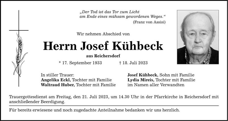 Traueranzeige Josef Kühbeck