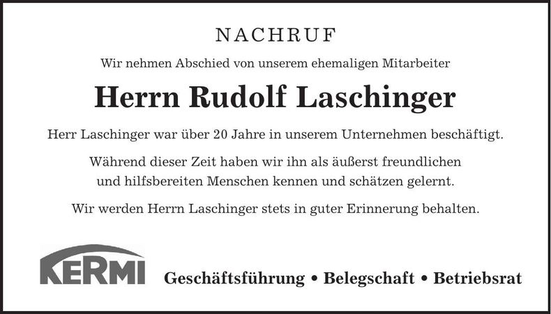 Traueranzeige Rudolf Laschinger