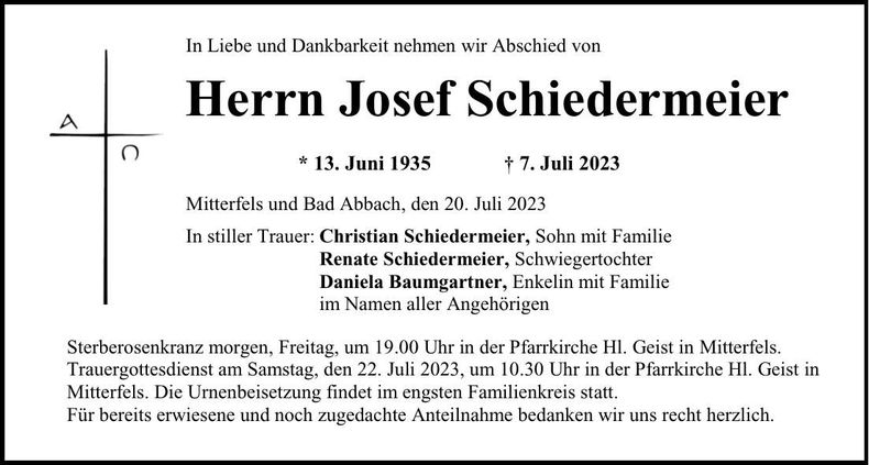 Traueranzeige Josef Schiedermeier