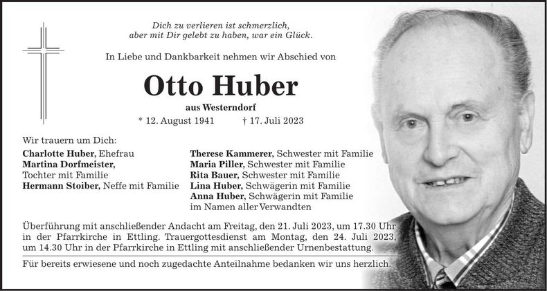 Traueranzeige Otto Huber