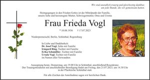 Traueranzeige Frieda Vogl