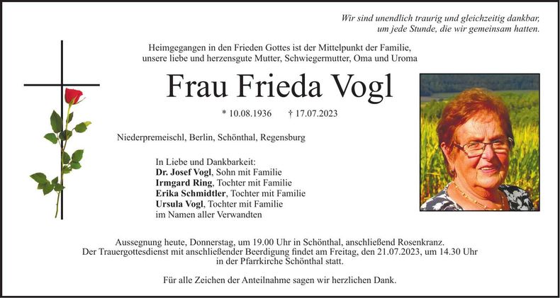Traueranzeige Frieda Vogl