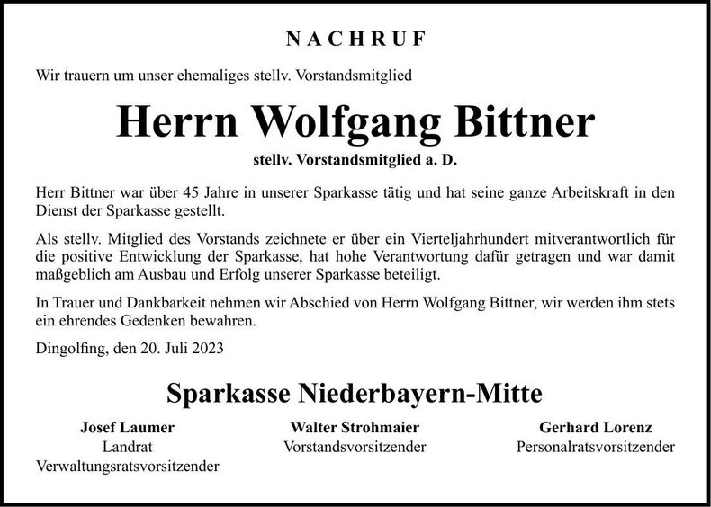 Traueranzeige Wolfgang Bittner