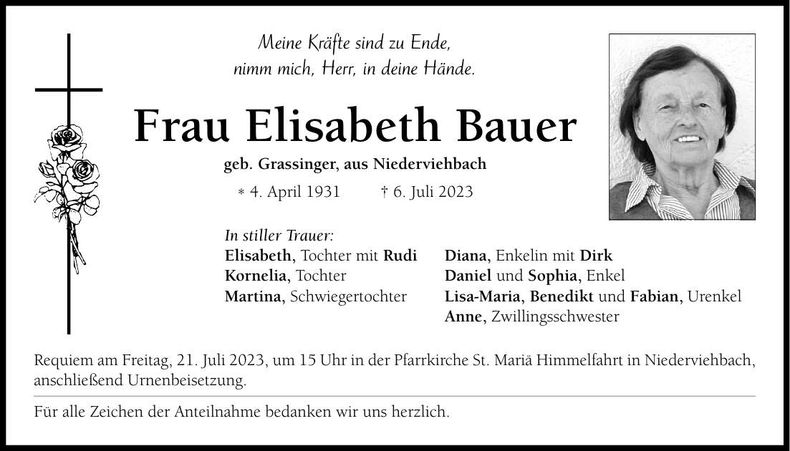 Traueranzeige Elisabeth Bauer