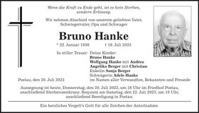 Traueranzeige Bruno Hanke