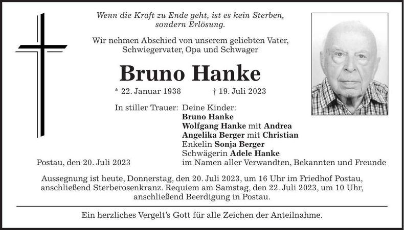 Traueranzeige Bruno Hanke