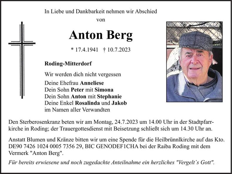 Traueranzeige Anton Berg