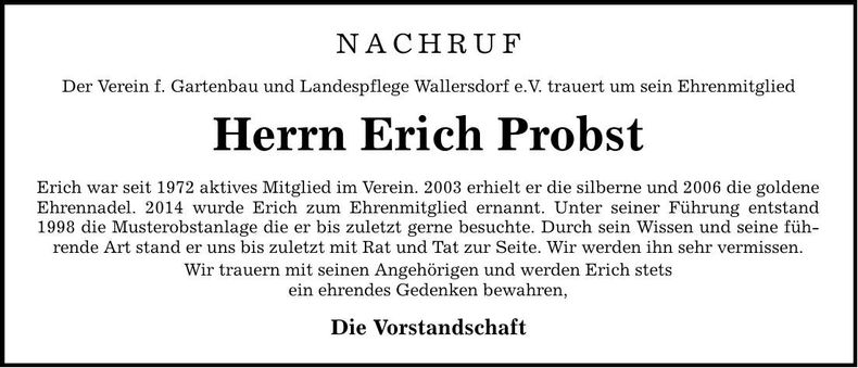 Traueranzeige Erich Probst