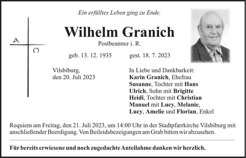 Traueranzeige Wilhelm Granich