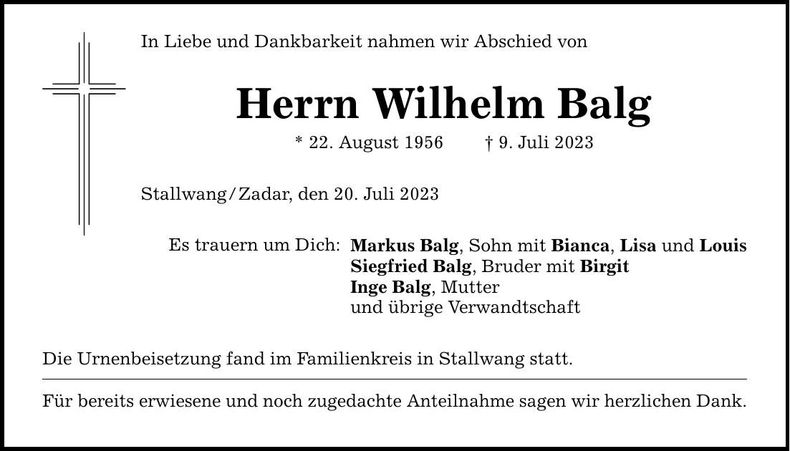 Traueranzeige Wilhelm Balg