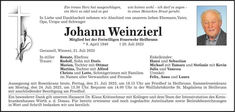 Traueranzeige Johann Weinzierl