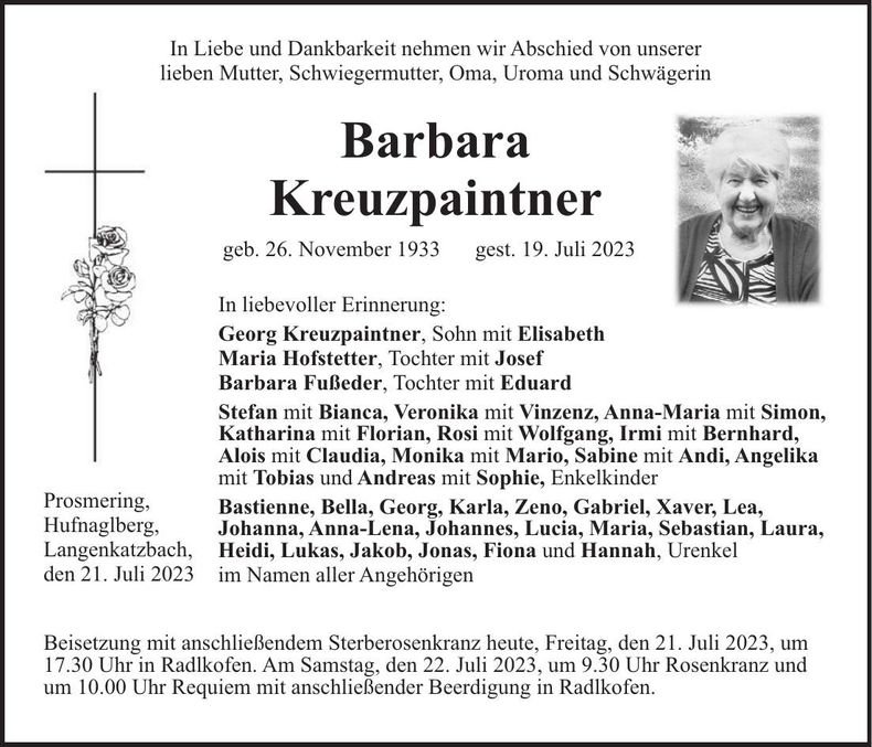 Traueranzeige Barbara Kreuzpaintner