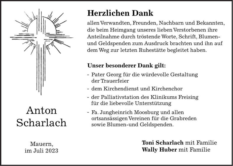 Traueranzeige Anton Scharlach