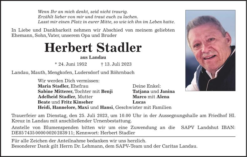 Traueranzeige Herbert Stadler