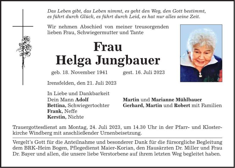Traueranzeige Helga Jungbauer