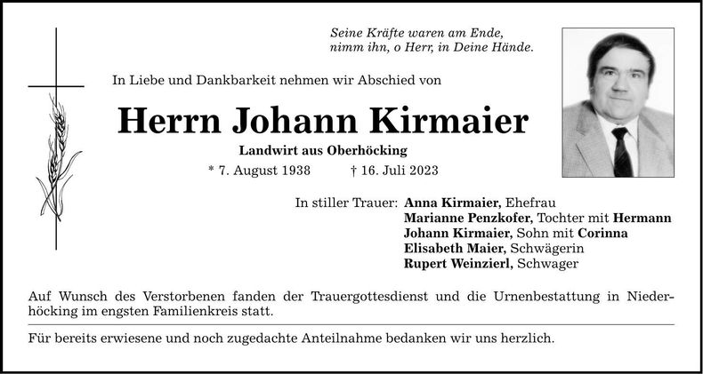 Traueranzeige Johann Kirmaier